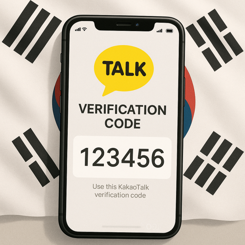 Smartphone showing KakaoTalk verification code with South Korea flag for KakaoTalk verification in South Korea