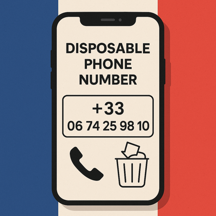 Phone screen showing disposable number concept with France flag background