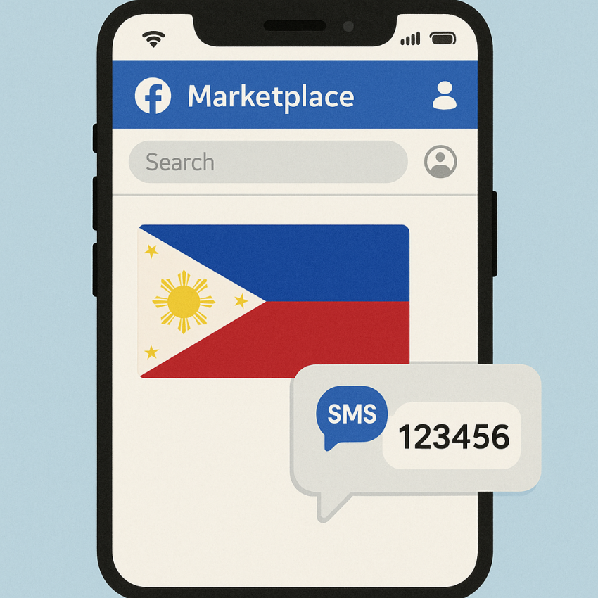 Philippines virtual numbers for Facebook Marketplace – phone screen with Facebook Marketplace and PH flag