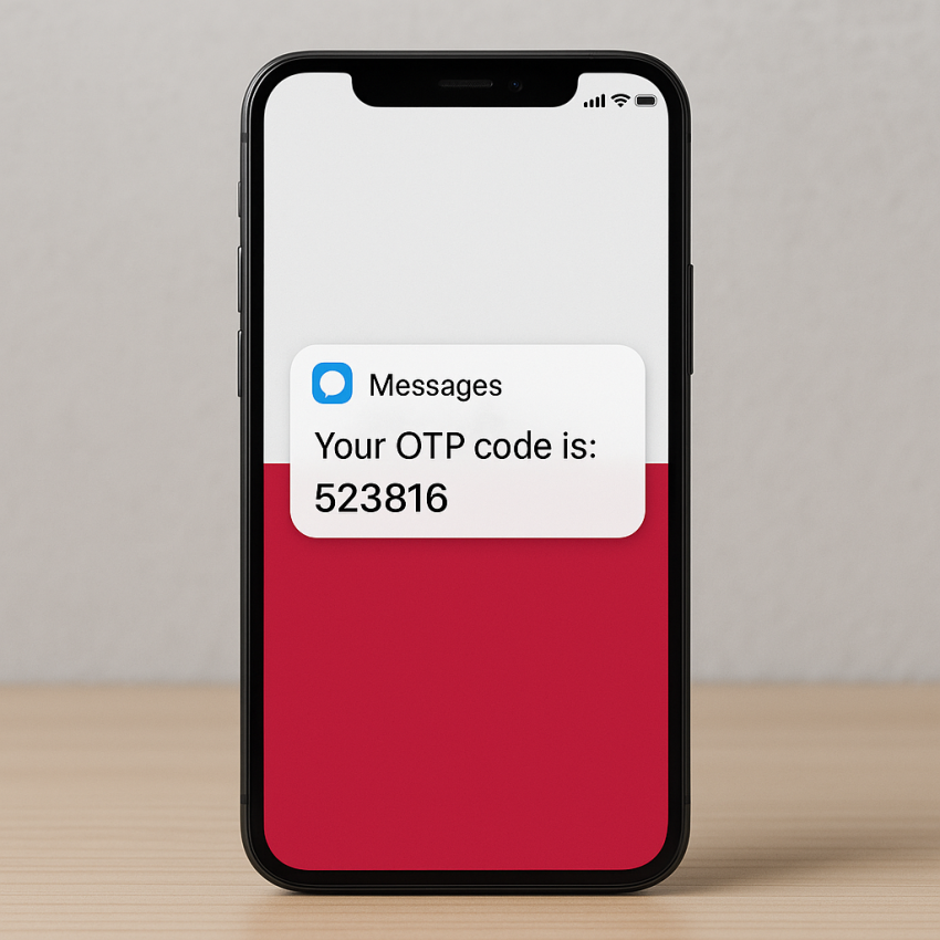 Phone screen with Polish flag receiving OTP for Polish virtual number rental