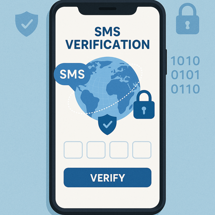 Smartphone showing a verification SMS on a global digital security background