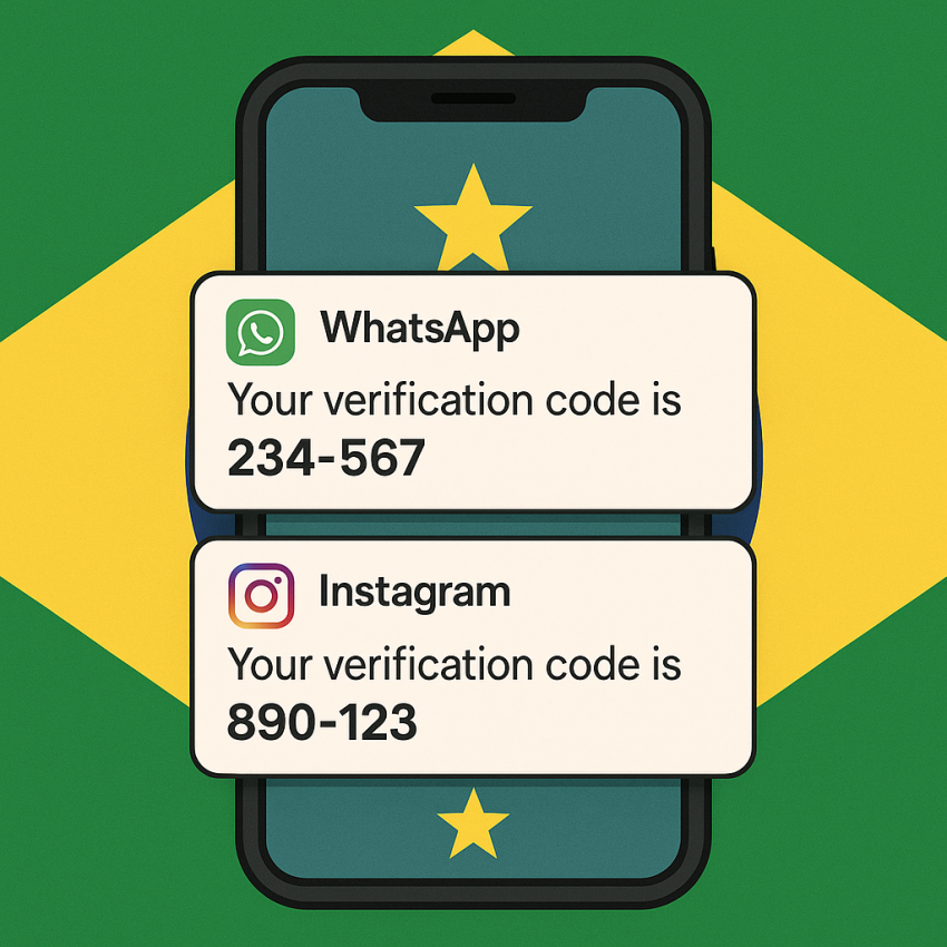 Phone screen with Brazil flag showing WhatsApp and Instagram OTP codes for Brazil virtual numbers