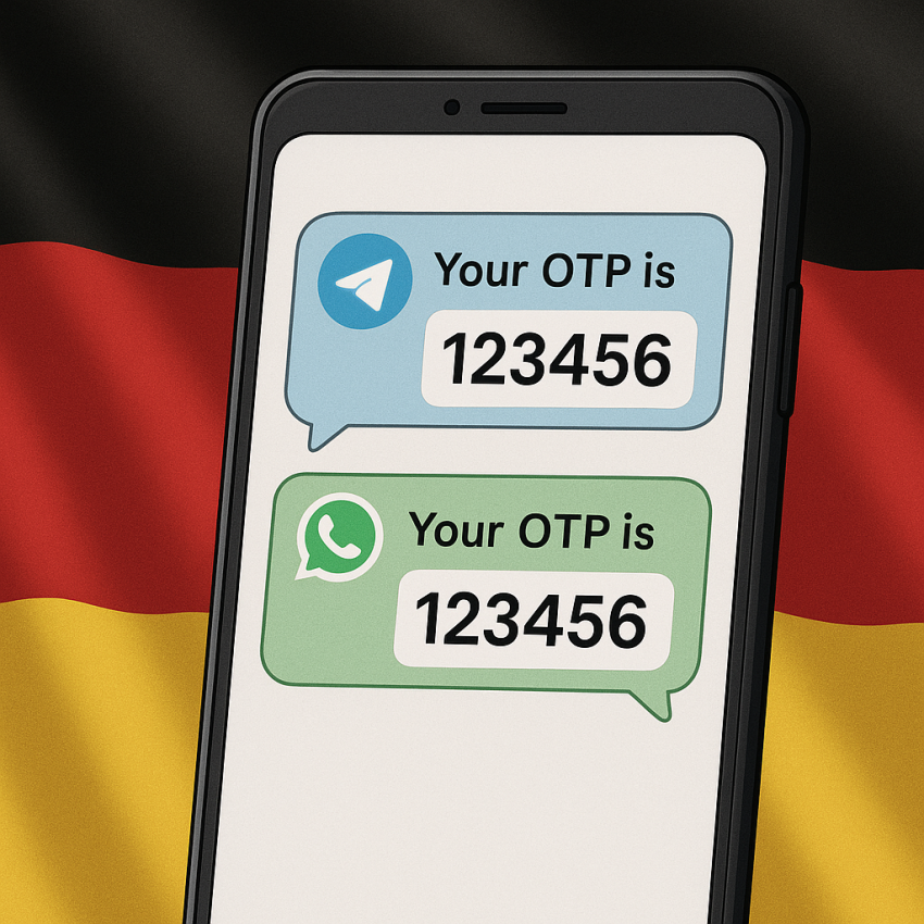 Phone with German numbers receiving OTPs for Telegram and WhatsApp verification