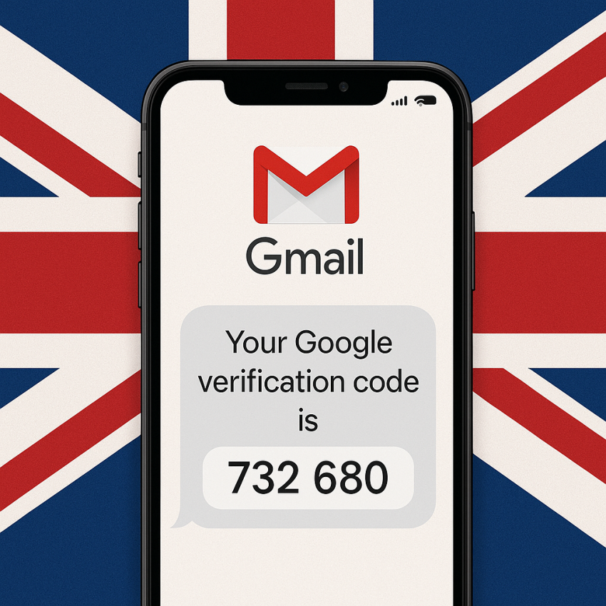 Phone screen showing Google Gmail OTP on a UK flag backdrop