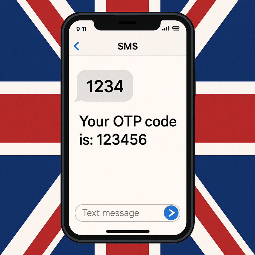 UK phone screen displaying OTP SMS verification for rented numbers