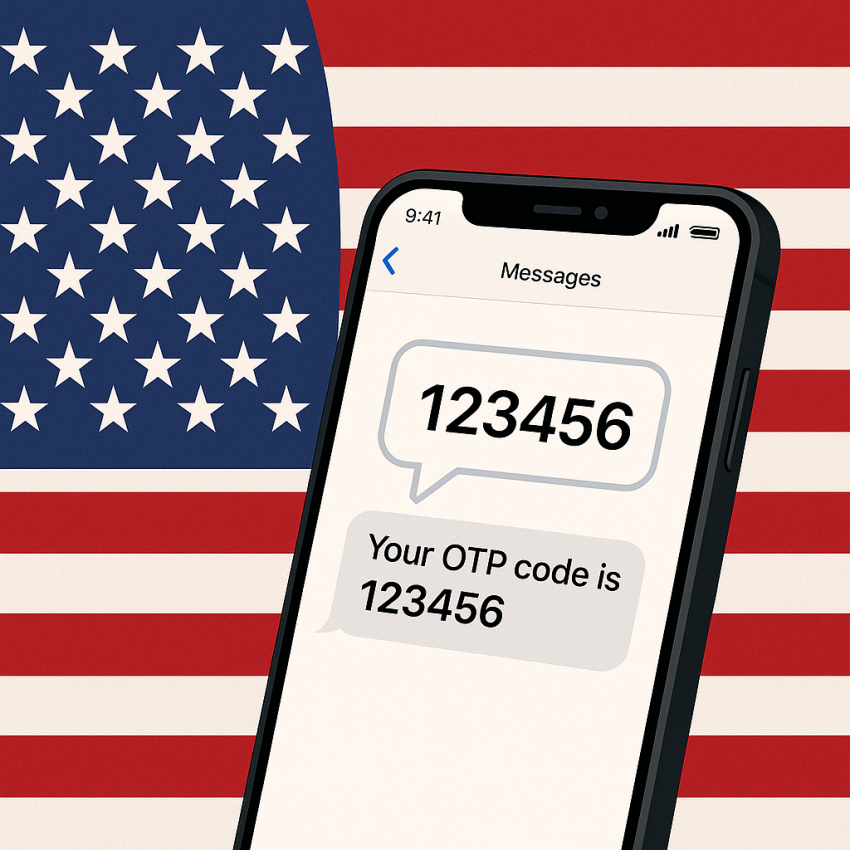 Phone screen receiving OTP from a US number with US flag background