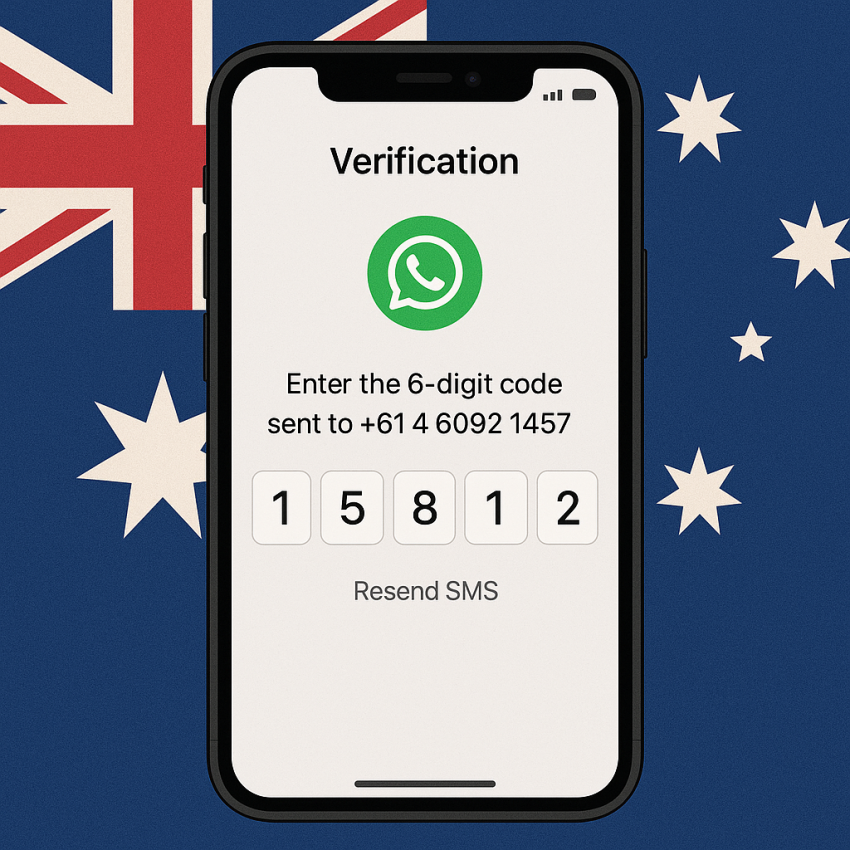 Phone screen with Australian flag showing WhatsApp OTP code for Australia WhatsApp Number