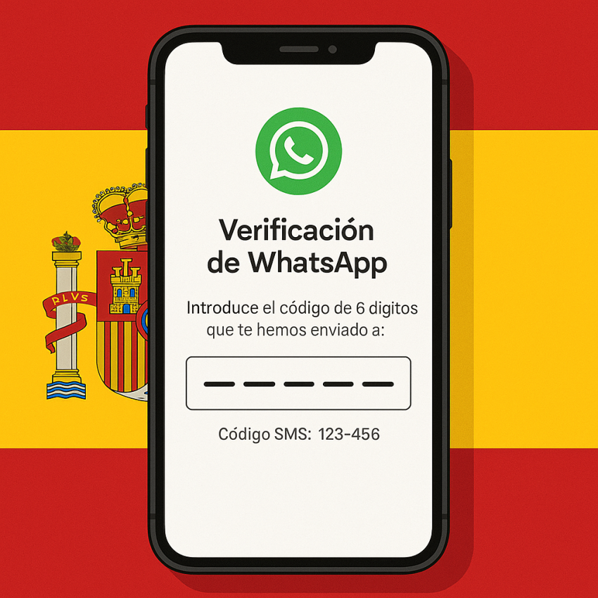 Phone screen with Spanish flag showing WhatsApp OTP code for Spain numbers