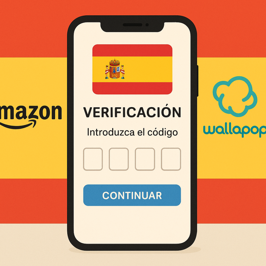 Screen showing OTP verification with Spanish flag for Amazon and Wallapop accounts