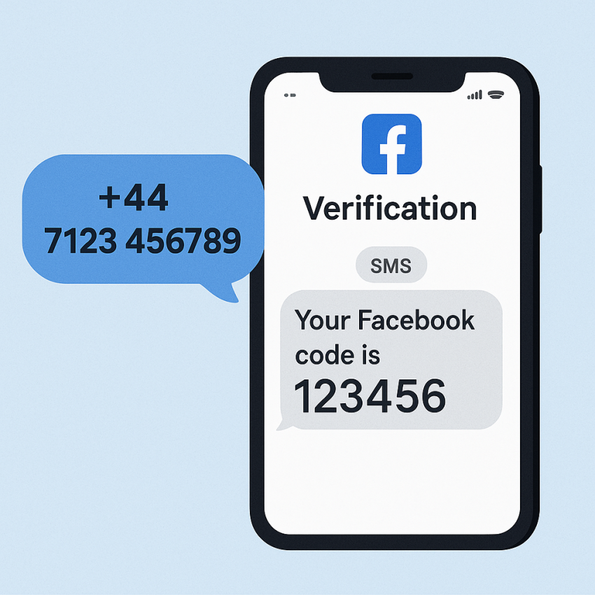 Mobile screen showing Facebook verification using a UK number