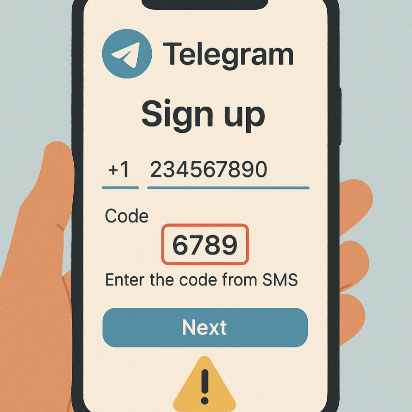 Telegram signup screen with OTP not arriving and a phone showing SMS verification