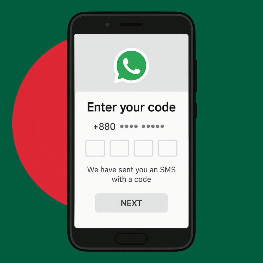 Phone screen with Bangladeshi flag showing WhatsApp OTP code for Bangladesh temp number