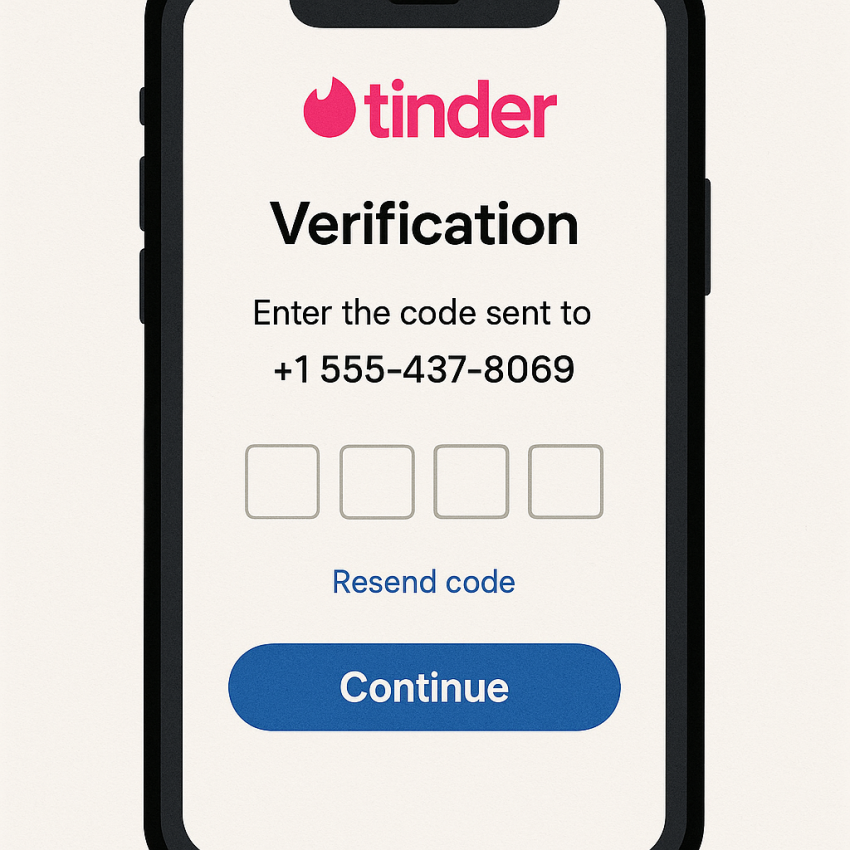 Phone showing Tinder OTP verification with a temporary number