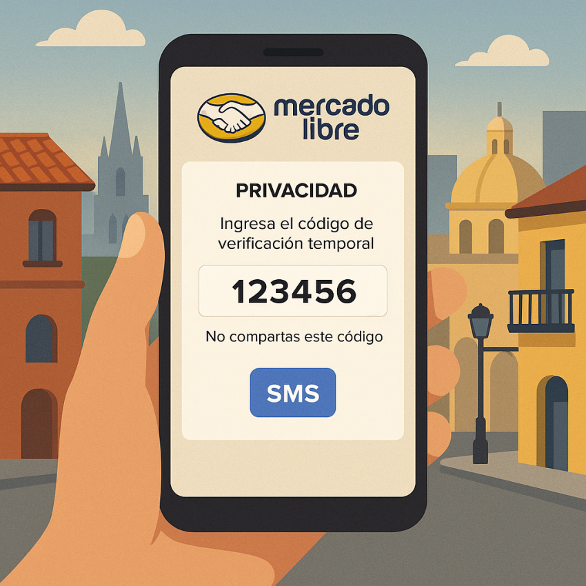 Temporary numbers for MercadoLibre and Latin marketplaces banner showing OTP verification on a MercadoLibre screen
