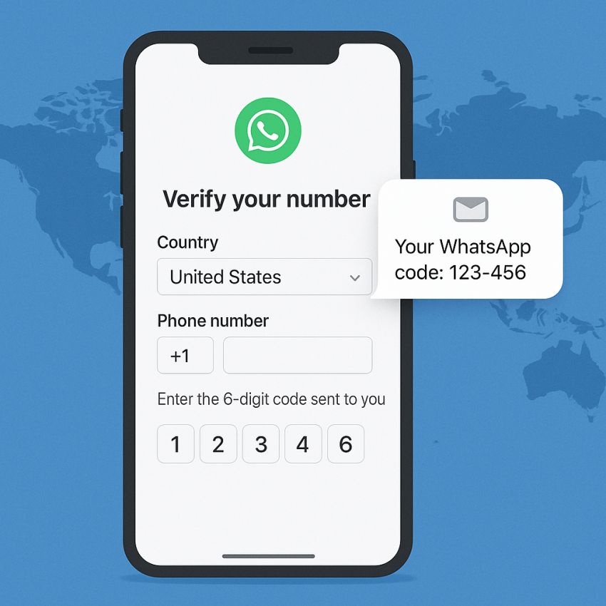 Phone screen showing WhatsApp OTP verification with global context