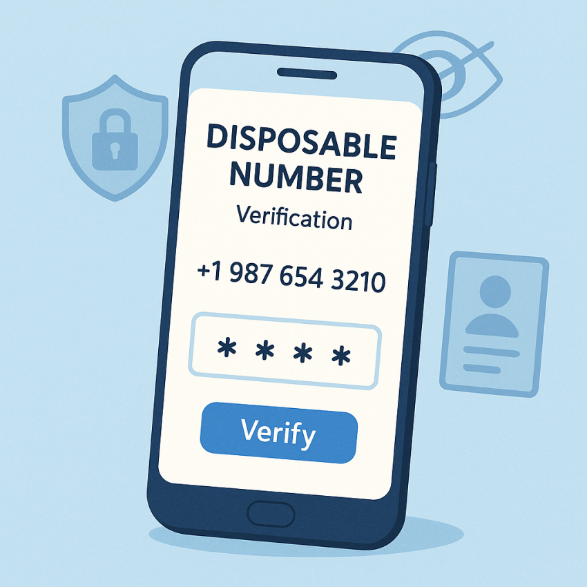 Smartphone screen showing disposable number verification and privacy icons
