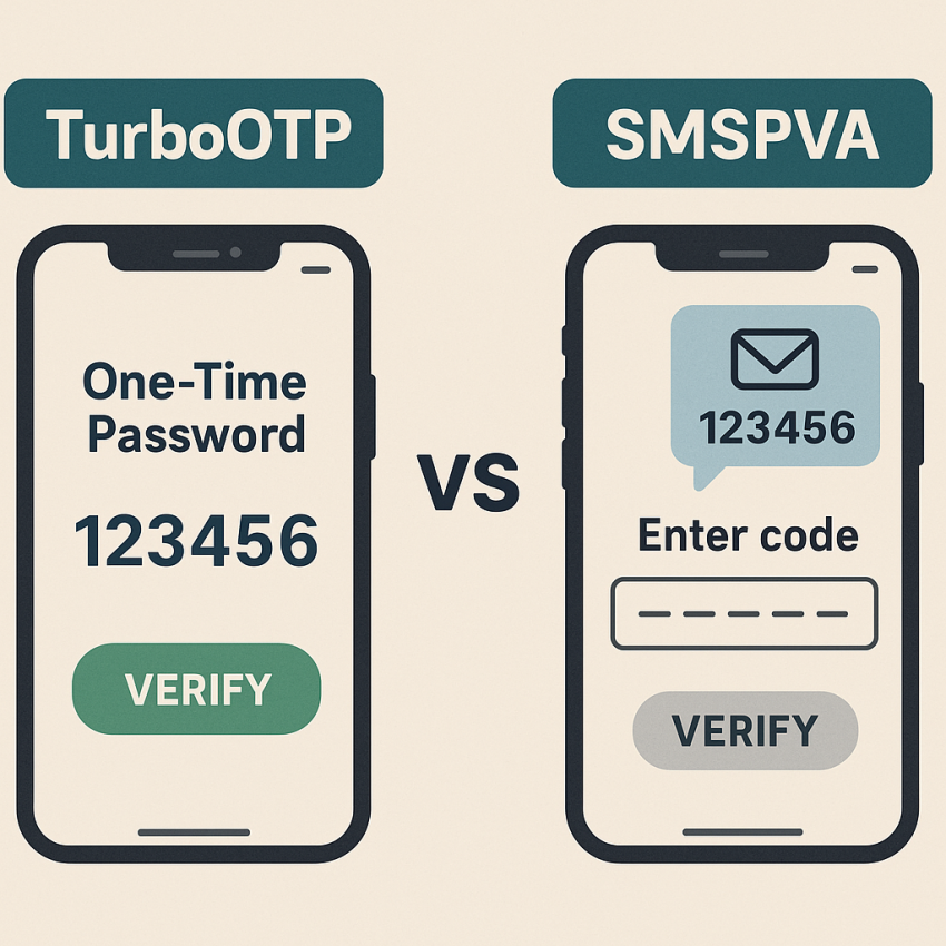 Screenshot-style illustration showing two phones receiving OTP messages from TurboOTP and SMSPVA for verification