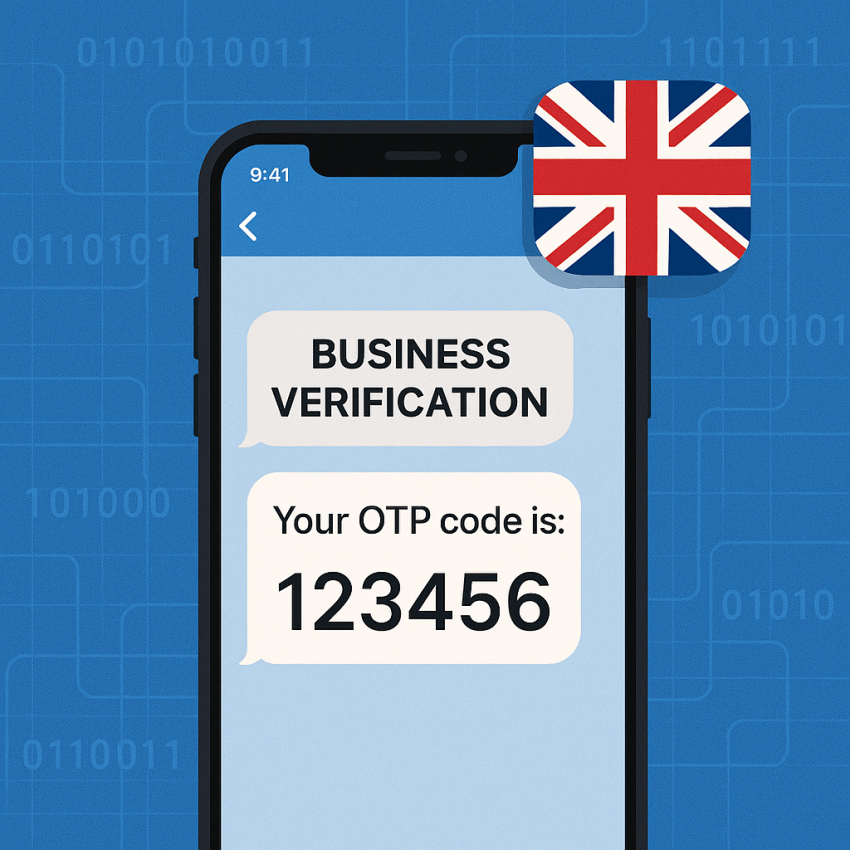UK phone number for business verification with OTP received on screen