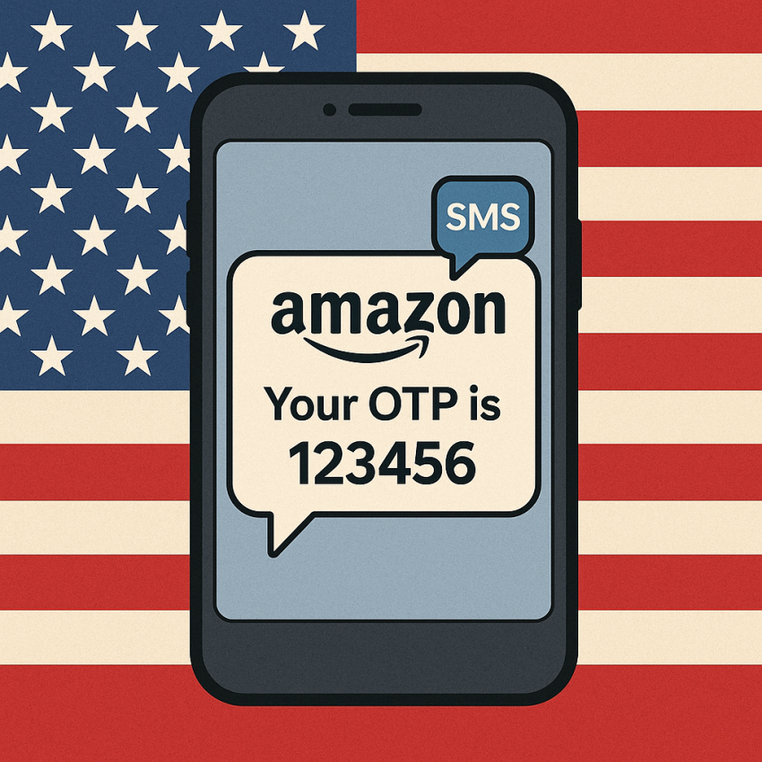 Phone showing AWS/US verification OTP with US flag background