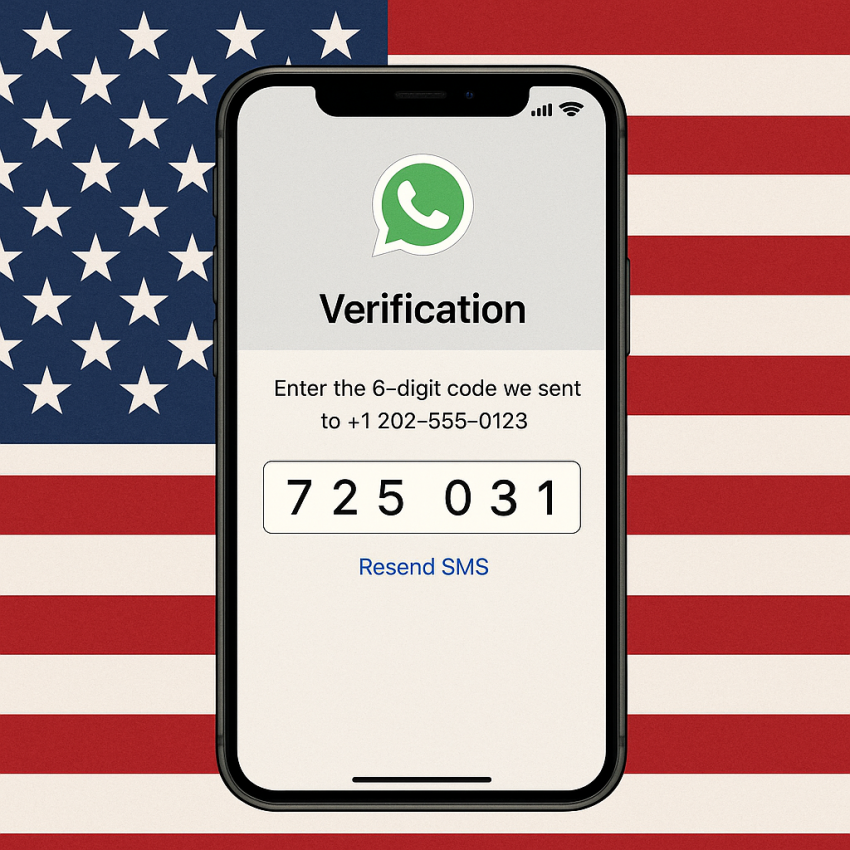 Phone screen with USA flag showing WhatsApp OTP code for verification without SIM