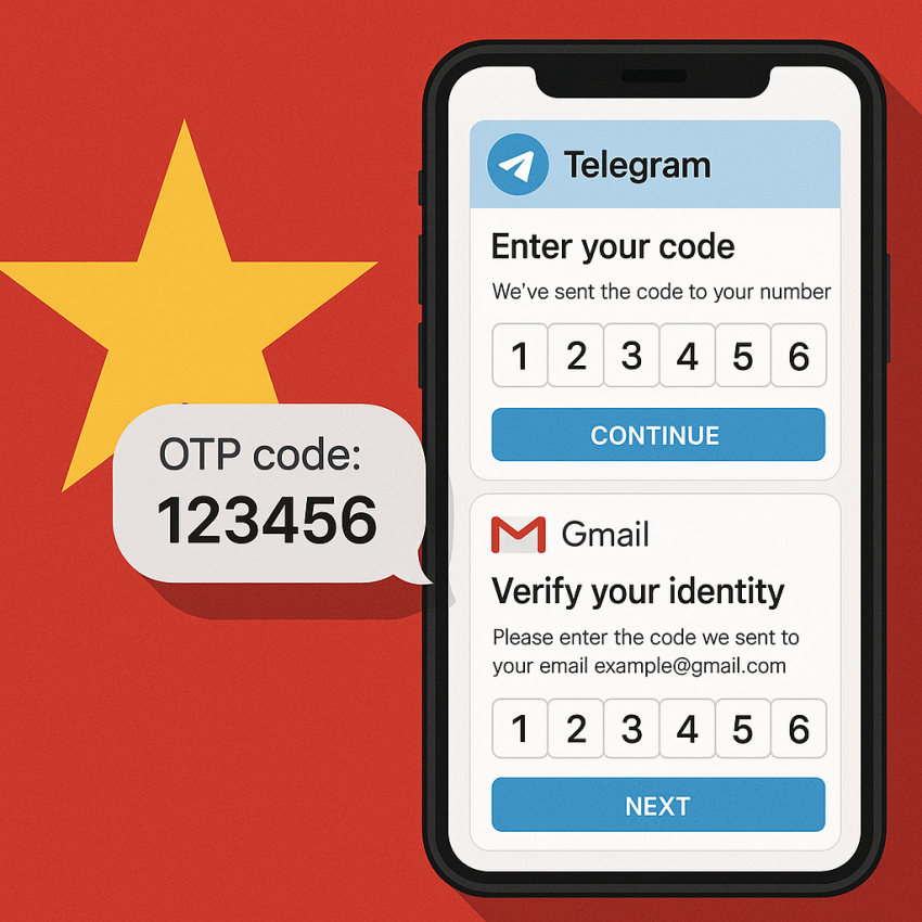 Phone showing Telegram and Gmail OTP verification with Vietnam flag background