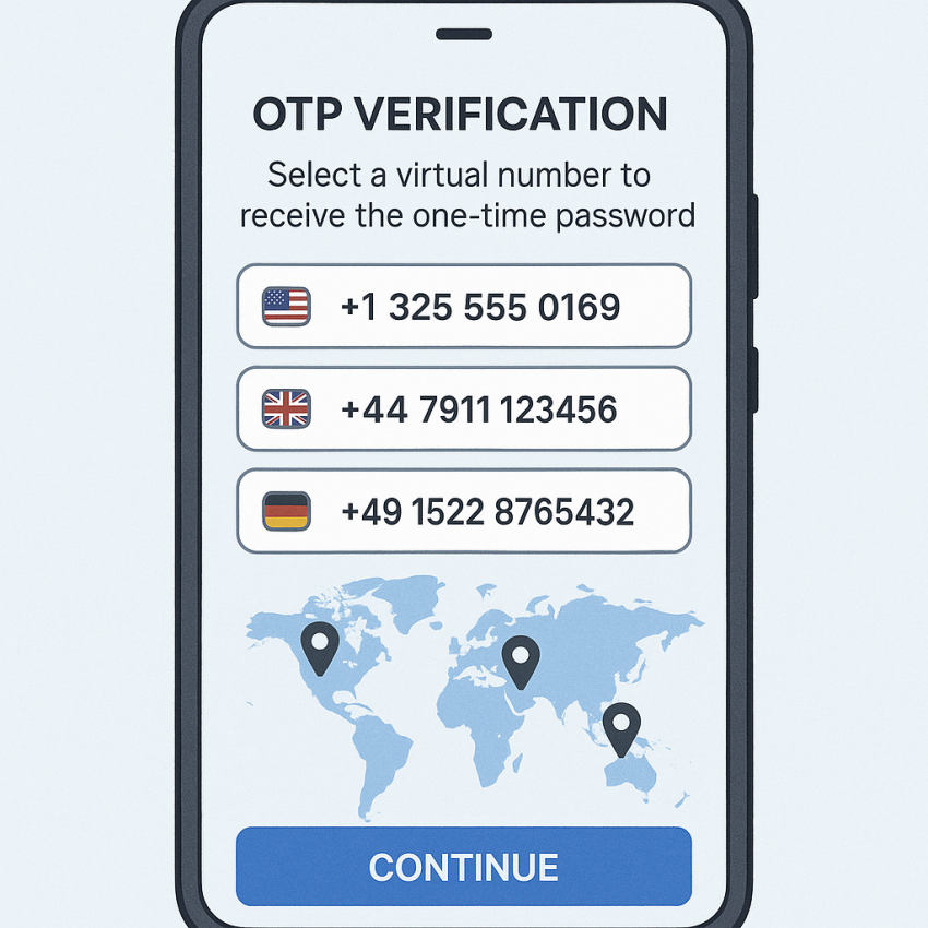 Phone screen displaying OTP verification with multiple virtual numbers from global providers