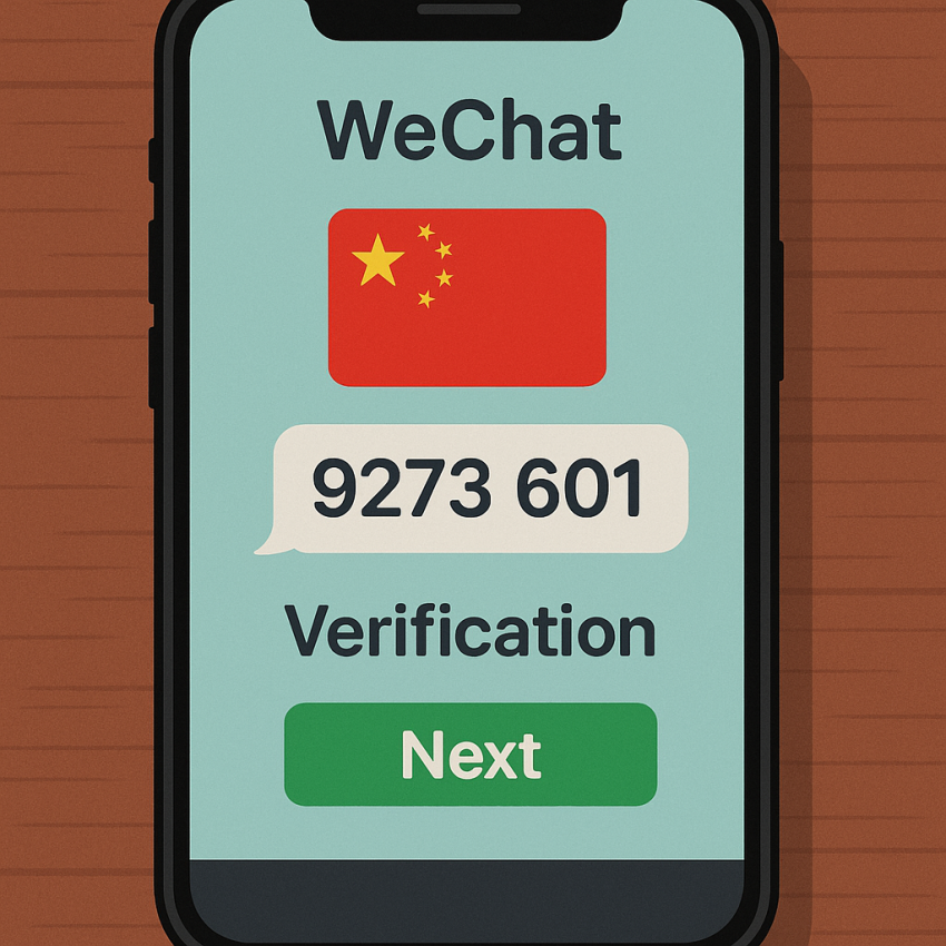 WeChat verification with Chinese disposable numbers - smartphone screen and Chinese flag