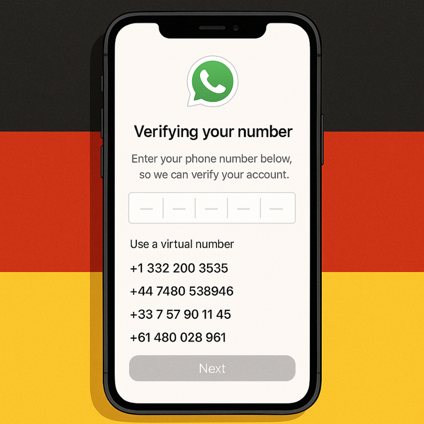 Alternative to sms-man.com for WhatsApp verification in Germany — smartphone with German flag and OTP on screen