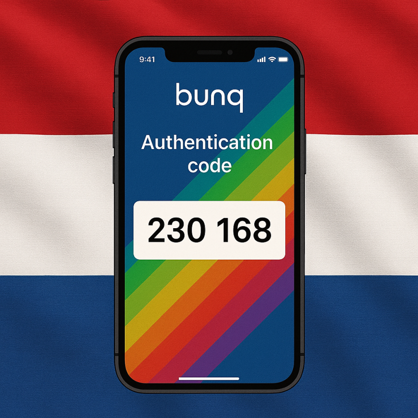 bunq OTP verification on mobile with Dutch flag