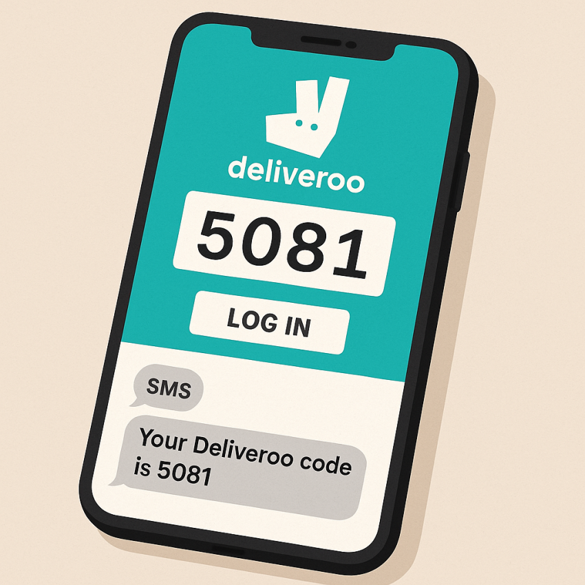 Deliveroo app on mobile showing a verification code received via a temporary number