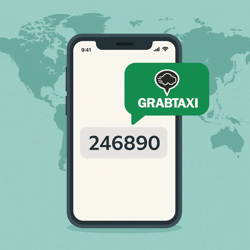 GrabTaxi OTP verification on a smartphone with global theme