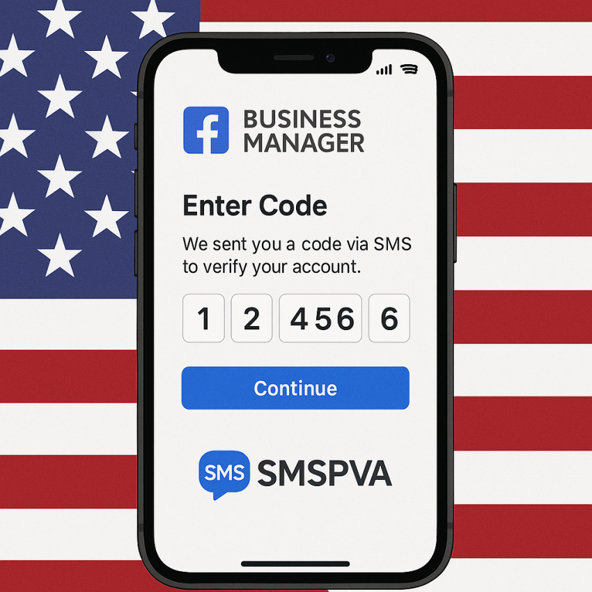 Screen showing Facebook Business Manager verification on a smartphone with SMSPVA in United States