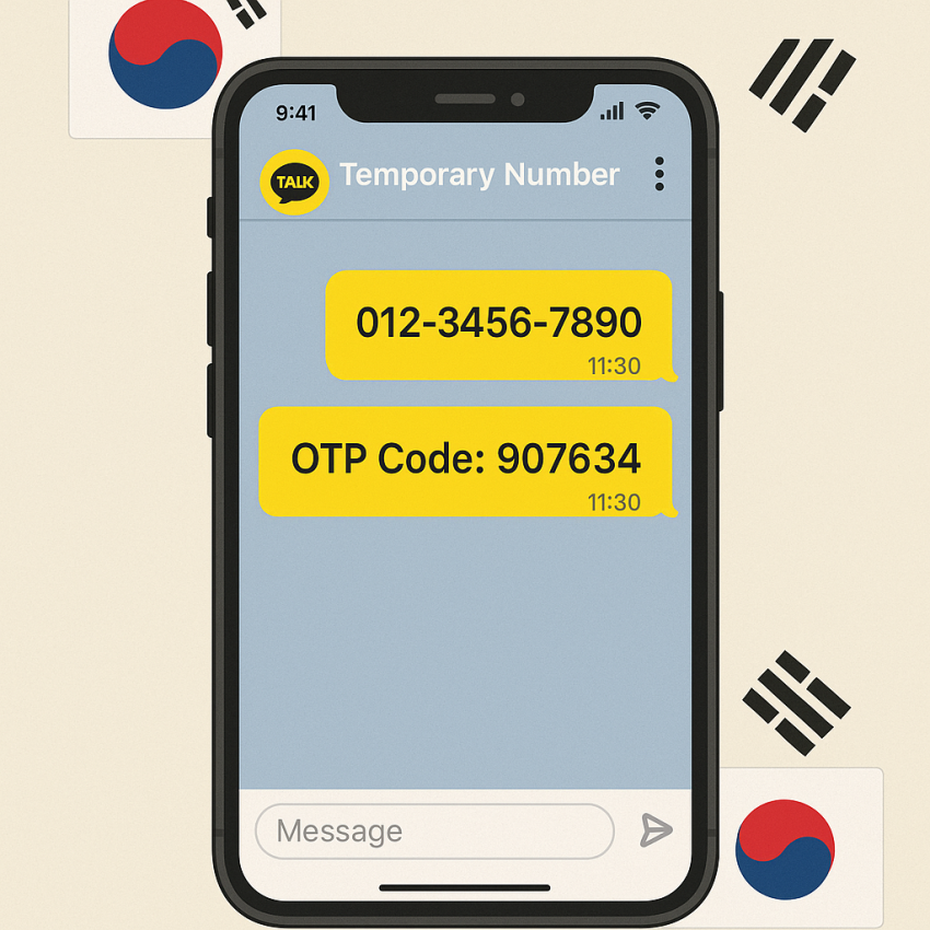KakaoTalk verification with a temporary number and OTP on a smartphone