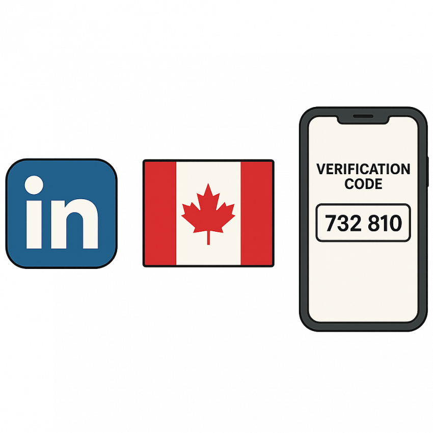 LinkedIn business verification using Canadian numbers with Canadian flag and verification code on a mobile screen