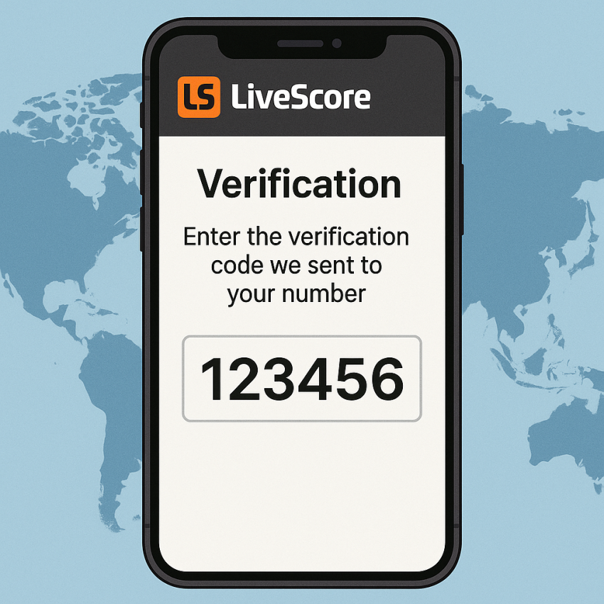 LiveScore verification on a mobile device with a global map background and OTP code