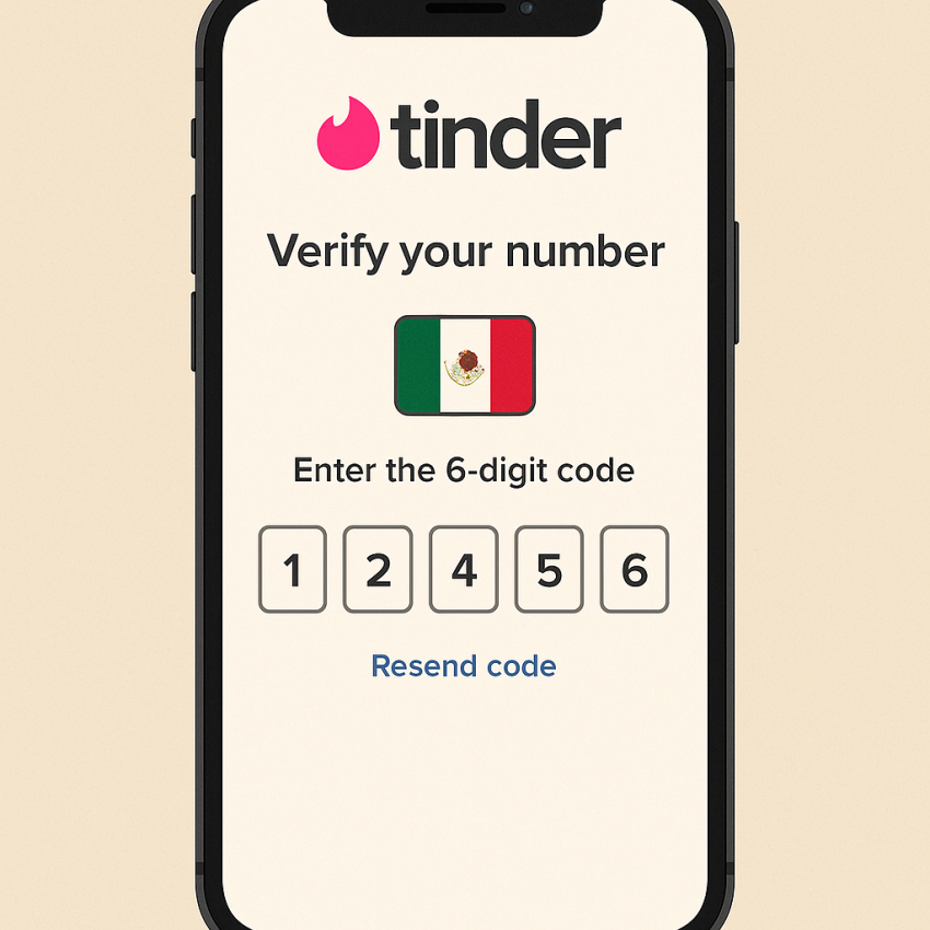Smartphone screen showing Tinder verification in Mexico with OTP code