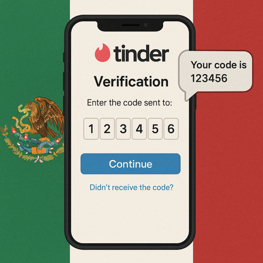 Smartphone screen showing Tinder verification in Mexico with OTP code