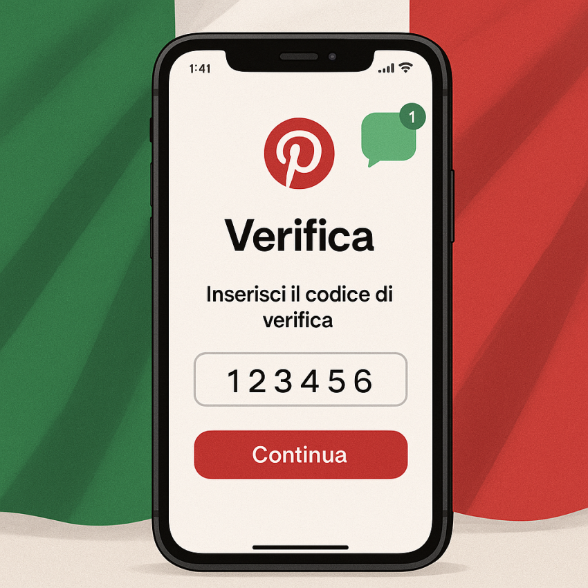 Smartphone screen showing Pinterest verification in Italy with OTP SMS notification