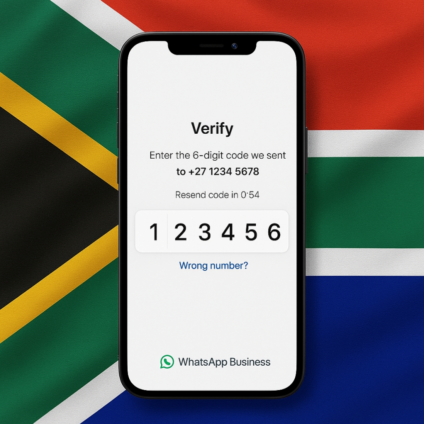 Phone screen showing WhatsApp Business test OTP with South Africa flag in background