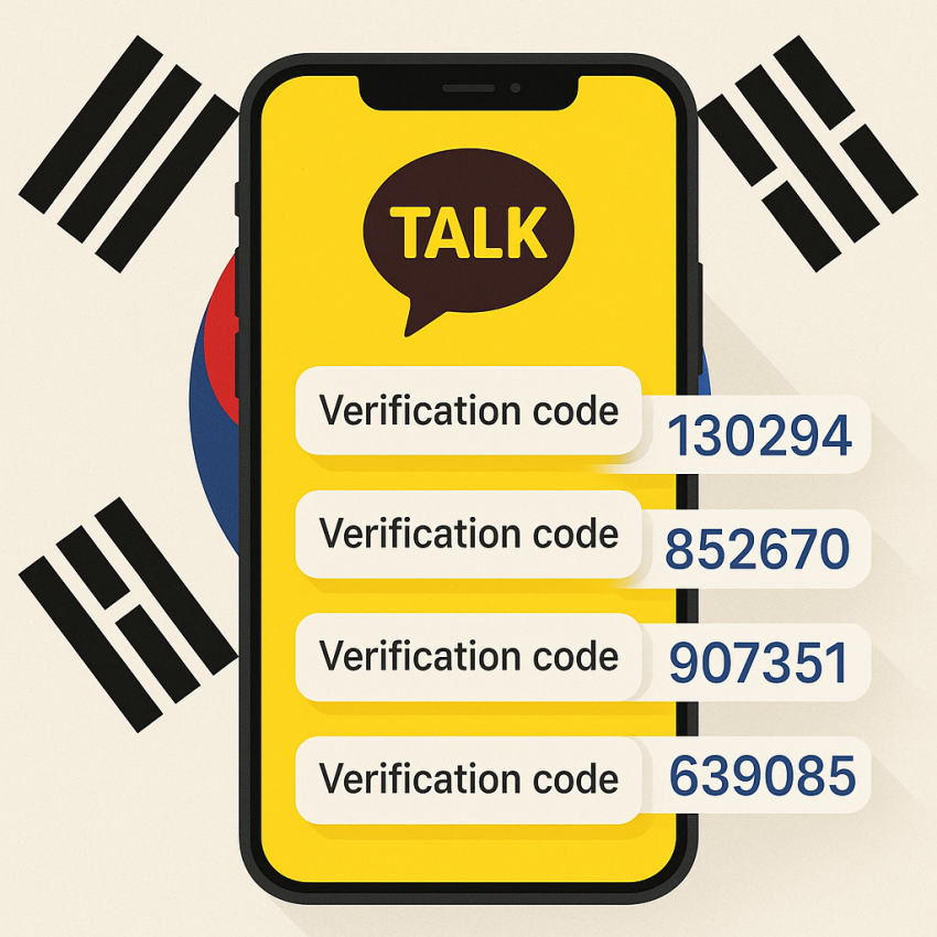 Phone screen showing KakaoTalk with a South Korea flag and random verification numbers