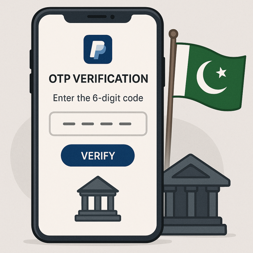 Random numbers for PayPal and banking tests in Pakistan - OTP verification on phone with Pakistan flag