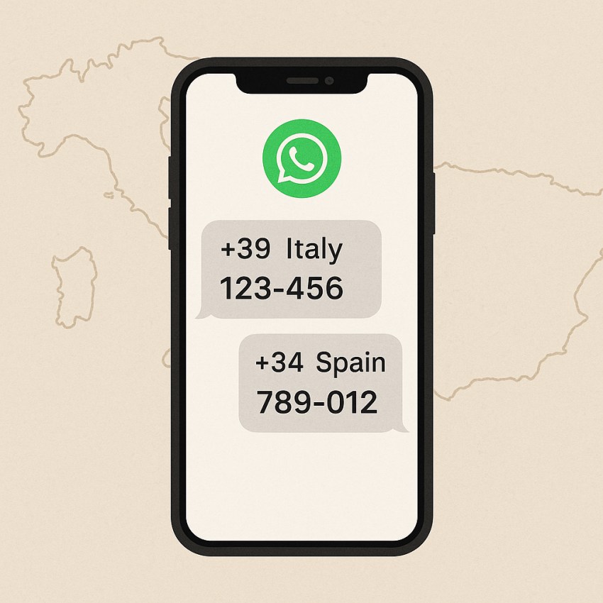Smartphone receiving WhatsApp verification codes for random numbers in Italy and Spain