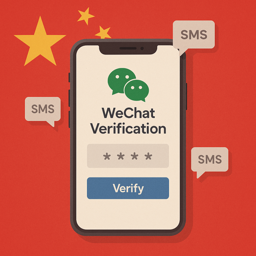WeChat verification in China on a smartphone with a receive-smss competitor illustration