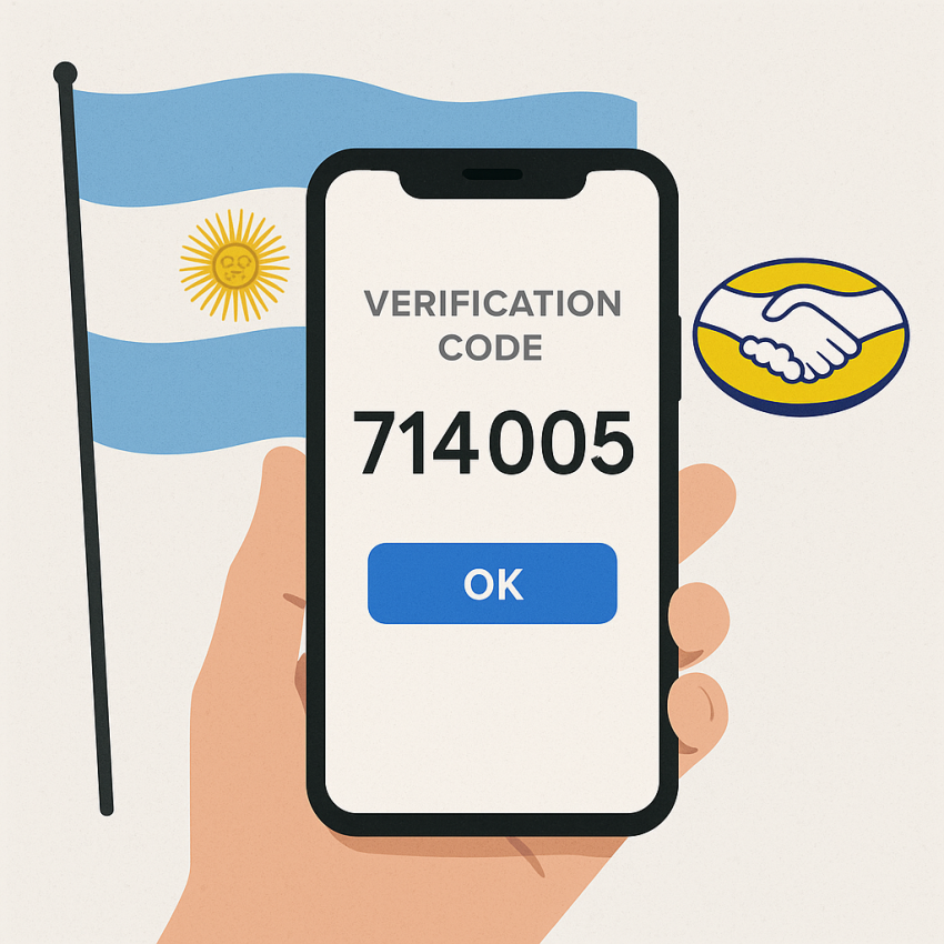 Phone screen showing a verification code with Argentina flag for Rent Argentinian numbers for MercadoLibre and Local Verify