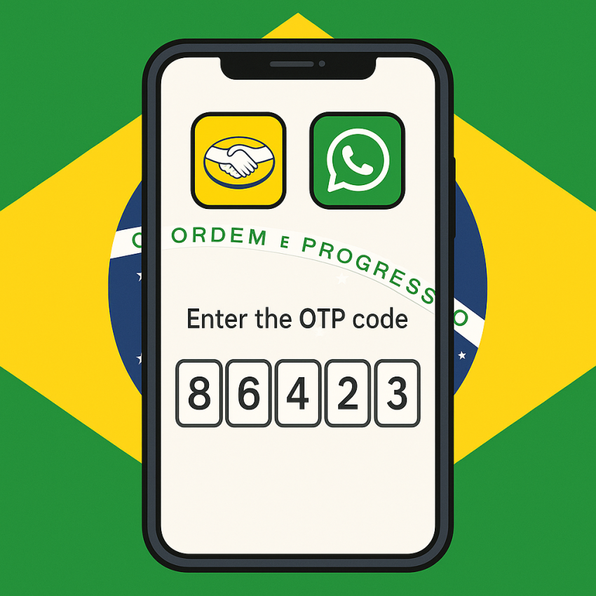 Phone screen showing MercadoLibre and WhatsApp verification with Brazilian flag