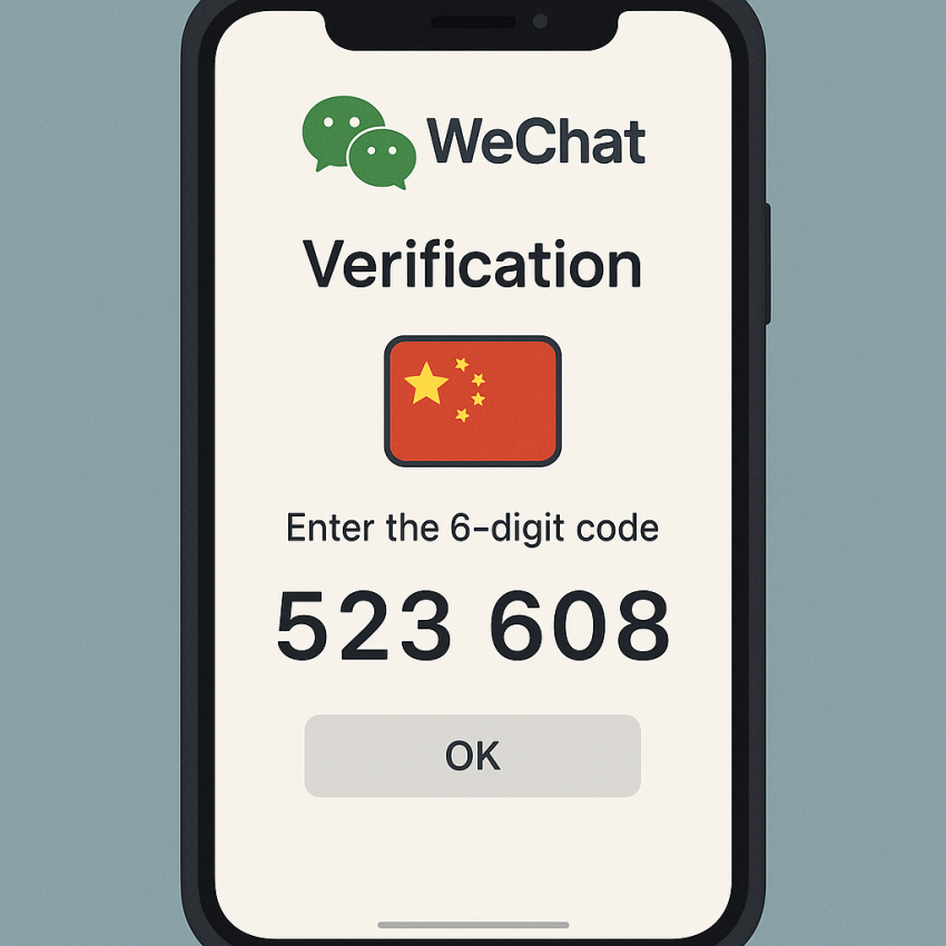 Phone screen showing WeChat verification with Chinese number for China rental testing