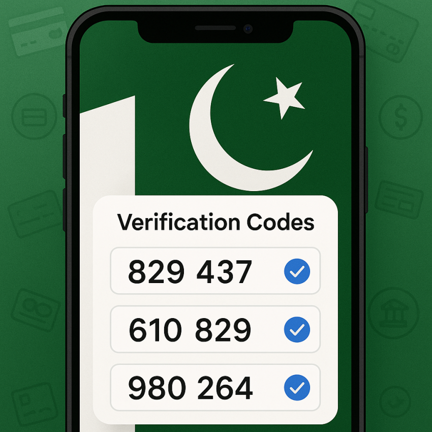 Phone screen with Pakistan flag showing verification codes for Rent Pakistani numbers in Pakistan
