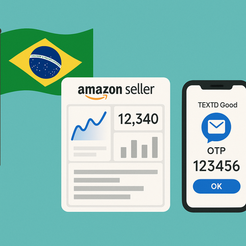 Brazilian flag with a smartphone showing an OTP for Amazon seller verification via sms-activate alternative