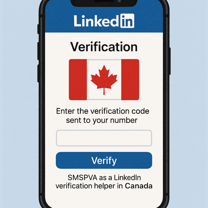 Smartphone displaying LinkedIn verification with Canadian flag for SMSPVA LinkedIn Canada