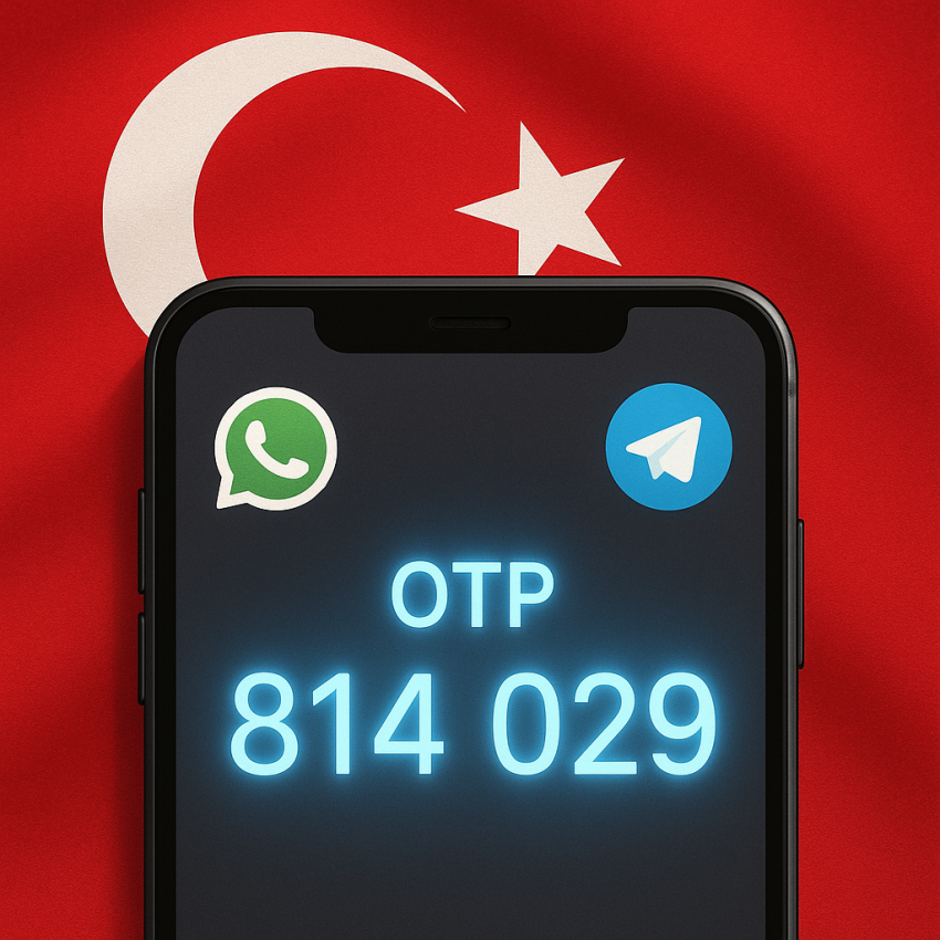 Turkish virtual numbers for WhatsApp and Telegram on smartphone with Turkish flag background